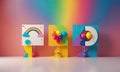 Three colorful cubes are standing in a row, with a rainbow-colored balloon in the middle. Royalty Free Stock Photo
