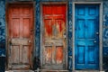 Three colorful doors in row. Generative AI