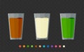 Three colorful drinks with optional color bar