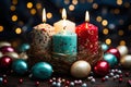 Three colorful easter egg candles shining in their nest creating a warm and festive glow, easter candles photo