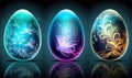 three colorful easter eggs with a floral design on the inside of them, and one with a butterfly on the outside of the egg, and Royalty Free Stock Photo