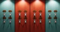 Three colorful elevator doors with control panels featuring red turquoise design and illuminated buttons in modern building Royalty Free Stock Photo