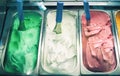 Three colorful flavour ice-cream in shop close up Royalty Free Stock Photo