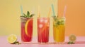 Three colorful fresh fruit and vegetable smoothies in glasses with straws on bar counter Royalty Free Stock Photo