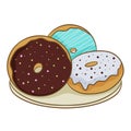 Three colorful frosted doughnuts on a plate, isolated on a white background. Vector illustration cartoon flat style