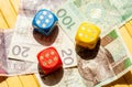 Three colorful game dice showing six laying on Polish zloty bills. Polish zÃâoty cash, banknotes and many dice that show 6