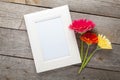 Three colorful gerbera flowers and photo frame Royalty Free Stock Photo