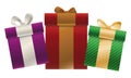 Three colorful gift boxes with bow ties decorations, Vector illustration Royalty Free Stock Photo