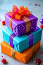 Three colorful gift boxes stacked on top of each other with gold ribbon and polka dots. Generative AI Royalty Free Stock Photo