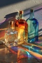 Three Colorful Glass Bottles in Sunlight with Rainbow Reflections Royalty Free Stock Photo