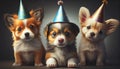 Happy puppy dogs wearing party hats celebrating