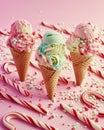 three colorful ice cream cones n a pink background are surrounded by candy canes Royalty Free Stock Photo