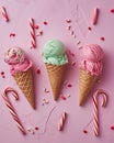 three colorful ice cream cones n a pink background are surrounded by candy canes Royalty Free Stock Photo