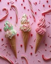 three colorful ice cream cones n a pink background are surrounded by candy canes Royalty Free Stock Photo