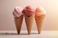 Three colorful ice creams on light background. Ice Cream scoops in waffle cones. Sweet desserts. Generative AI