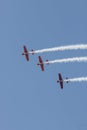 Three colorful jets flying in the blue sky and performing a show leaving smoke marks - flying in straight line