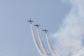 Three colorful jets flying up in the blue sky and performing a show leaving smoke marks