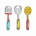 Three colorful kitchen utensils illustrated against white background. Hand drawn vector spatula Royalty Free Stock Photo