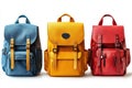 Three colorful leather backpacks displayed in a row. Royalty Free Stock Photo