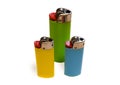 Three colorful lighters isolated on white background with copy space Royalty Free Stock Photo