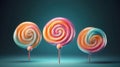 three colorful lollipops on a blue background with a shadow Royalty Free Stock Photo