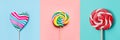 Three colorful lollipops candy as heart and swirl on blue and pink. Top view. Collage