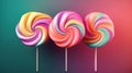 three colorful lollipops on a green and pink background Royalty Free Stock Photo