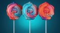 three colorful lollipops on a stick with a blue background Royalty Free Stock Photo