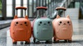 Three colorful luggage pieces with cat faces on them, AI