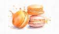 Three colorful macarons with artistic color splashes in the background, evoking a vibrant, appetizing visual