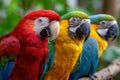 Three Colorful Macaws Perched on a Branch Royalty Free Stock Photo