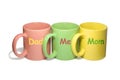 Three colorful mugs - Dad, Me, Mom (family) Royalty Free Stock Photo