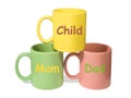 Three colorful mugs - Mom, Dad, Child (family) Royalty Free Stock Photo