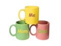 Three colorful mugs - Mom, Dad, Me (family) Royalty Free Stock Photo