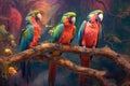 Three colorful parrots sit on a branch. Generative AI Royalty Free Stock Photo