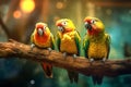 Three colorful parrots sit on a branch. Generative AI Royalty Free Stock Photo