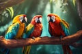 Three colorful parrots sit on a branch. Generative AI Royalty Free Stock Photo