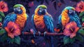 Three Colorful Parrots Sitting on a Branch With Flowers Royalty Free Stock Photo
