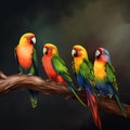 Three colorful parrots sitting on a tree branch. Vector illustration. Royalty Free Stock Photo