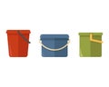 Three colorful plastic buckets of different shapes