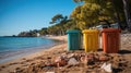 Three Colorful Plastic Waste Containers For Separate Collection Of Garbage, Trash Cans on sandy beach, Segregate waste