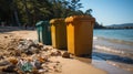 Three Colorful Plastic Waste Containers For Separate Collection Of Garbage, Trash Cans on sandy beach, Segregate waste