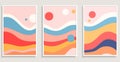 Three colorful posters, minimalist painting in the style of romantic landscapes