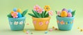 Three colorful pots with flowers and decorative eggs on a festive table setting for Easter. Royalty Free Stock Photo