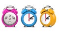 Three colorful, purple, blue, orange alarm clocks. 3d Illustration, isolated on white background.