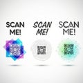 Three colorful qr codes with scan me text on a white background Royalty Free Stock Photo