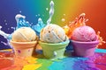 Three colorful scoops of ice cream popped into a colorful liquid ice cream mass. Royalty Free Stock Photo