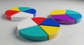 Three colorful segmented circular objects arranged on a plain surface showcasing vibrant hues Royalty Free Stock Photo
