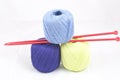 Three colorful skeins and knitting needles