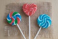 Three colorful sugar lollipops Royalty Free Stock Photo